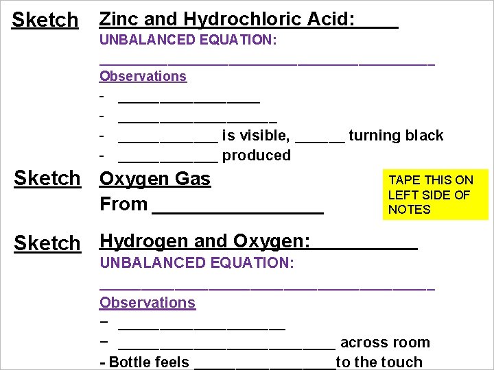 Sketch Zinc and Hydrochloric Acid: UNBALANCED EQUATION: ______________________ Observations - ___________________ is visible, ______