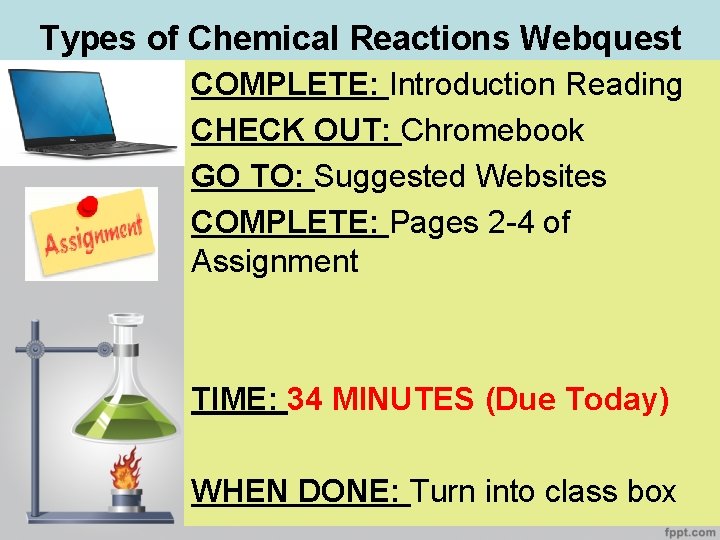 Types of Chemical Reactions Webquest COMPLETE: Introduction Reading CHECK OUT: Chromebook GO TO: Suggested