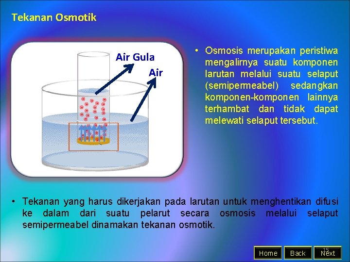 Tekanan Osmotik Air Gula Air • Osmosis merupakan peristiwa mengalirnya suatu komponen larutan melalui