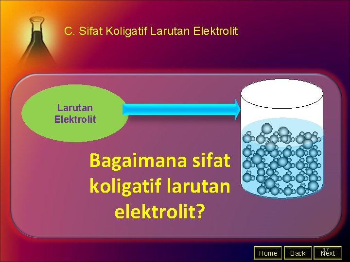 C. Sifat Koligatif Larutan Elektrolit Bagaimana sifat koligatif larutan elektrolit? Home Back 17 Next