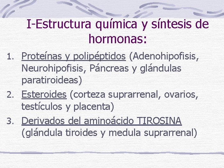 I-Estructura química y síntesis de hormonas: 1. Proteínas y polipéptidos (Adenohipofisis, Neurohipofisis, Páncreas y