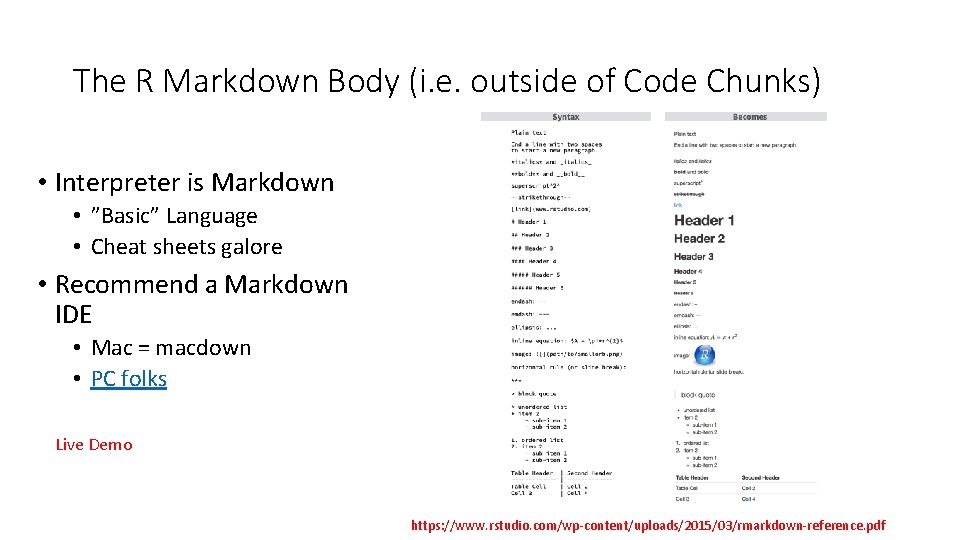 The R Markdown Body (i. e. outside of Code Chunks) • Interpreter is Markdown
