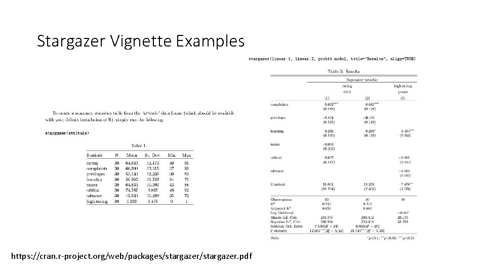 Stargazer Vignette Examples https: //cran. r-project. org/web/packages/stargazer. pdf 