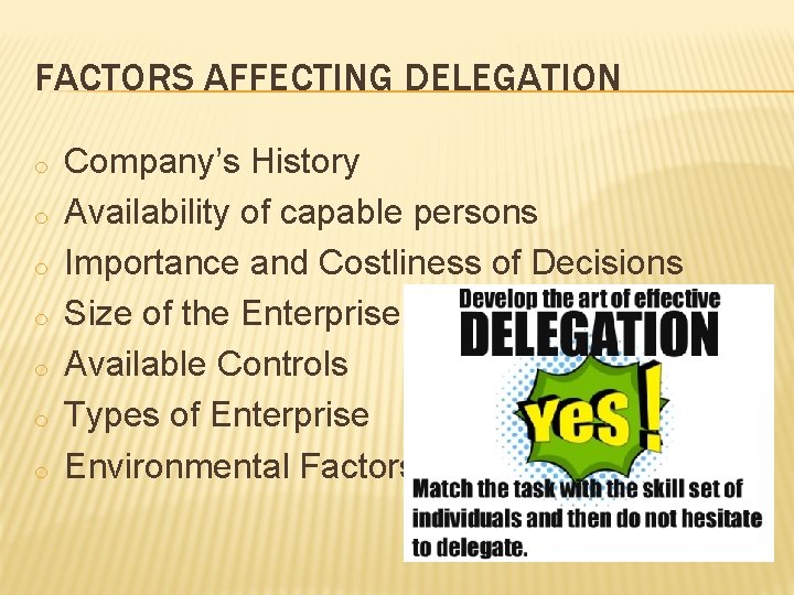 FACTORS AFFECTING DELEGATION o o o o Company’s History Availability of capable persons Importance FACTORS AFFECTING DELEGATION o o o o Company’s History Availability of capable persons Importance