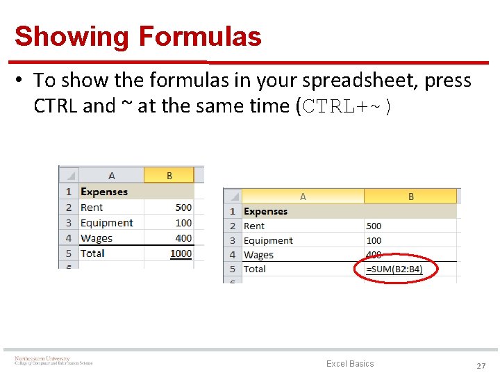 Showing Formulas • To show the formulas in your spreadsheet, press CTRL and ~