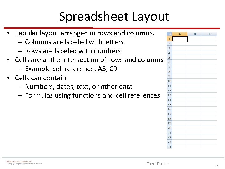 Spreadsheet Layout • Tabular layout arranged in rows and columns. – Columns are labeled