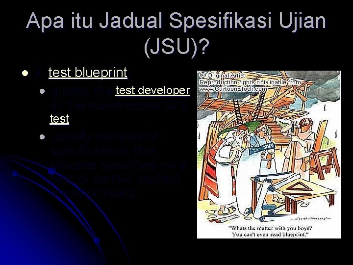Apa itu Jadual Spesifikasi Ujian (JSU)? l A test blueprint l l guides the