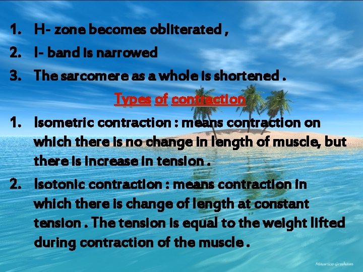 1. H- zone becomes obliterated , 2. I- band is narrowed 3. The sarcomere
