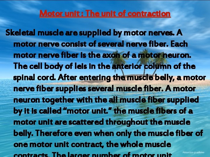 Motor unit : The unit of contraction Skeletal muscle are supplied by motor nerves.