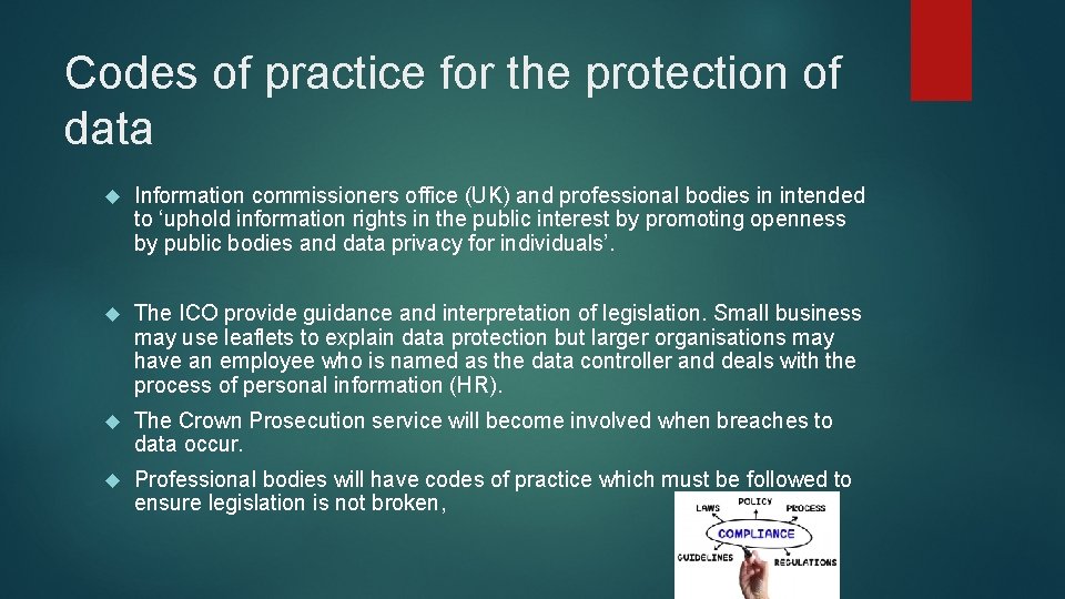 Codes of practice for the protection of data Information commissioners office (UK) and professional