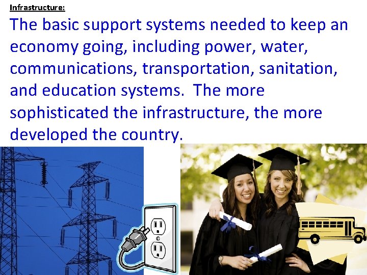 Infrastructure: The basic support systems needed to keep an economy going, including power, water,