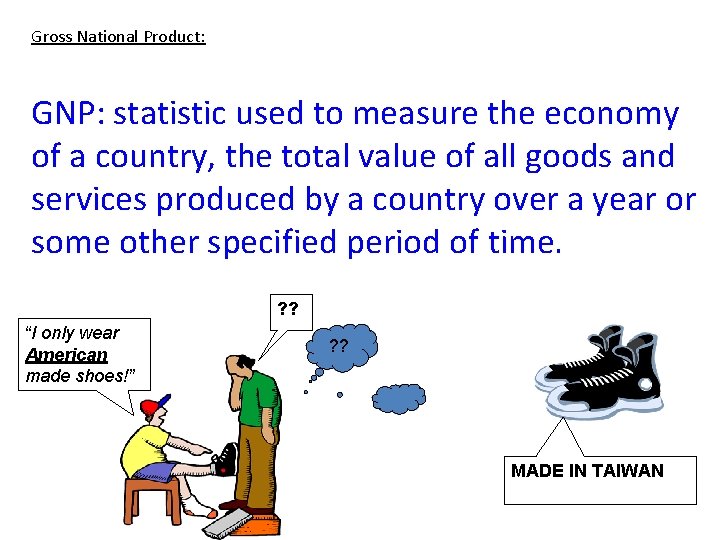 Gross National Product: GNP: statistic used to measure the economy of a country, the