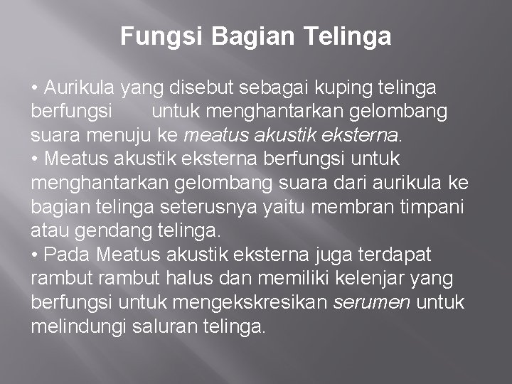 Fungsi Bagian Telinga • Aurikula yang disebut sebagai kuping telinga berfungsi untuk menghantarkan gelombang