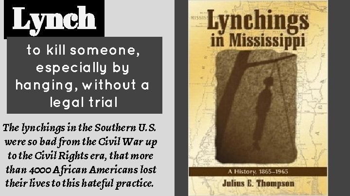 Lynch to kill someone, especially by hanging, without a legal trial The lynchings in