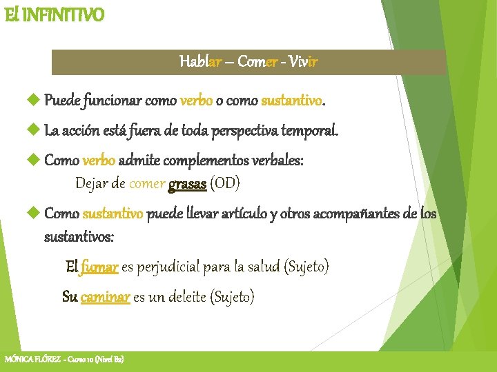 El INFINITIVO Hablar – Comer - Vivir Puede funcionar como verbo o como sustantivo.