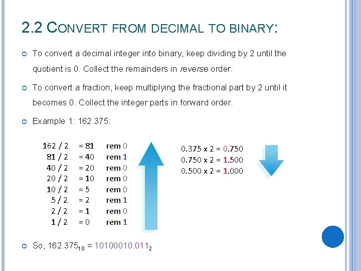 2. 2 CONVERT FROM DECIMAL TO BINARY: To convert a decimal integer into binary,