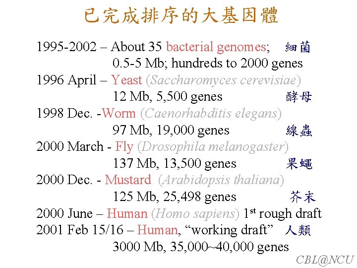 已完成排序的大基因體 1995 -2002 – About 35 bacterial genomes; 細菌 已完成排序的大基因體 0. 5 -5 Mb;