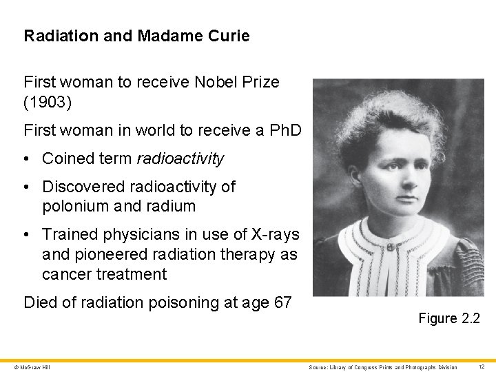 Radiation and Madame Curie First woman to receive Nobel Prize (1903) First woman in Radiation and Madame Curie First woman to receive Nobel Prize (1903) First woman in