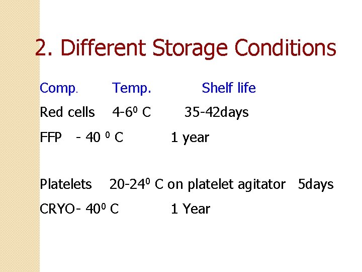 2. Different Storage Conditions Comp. Temp. Red cells 4 -60 C FFP - 40