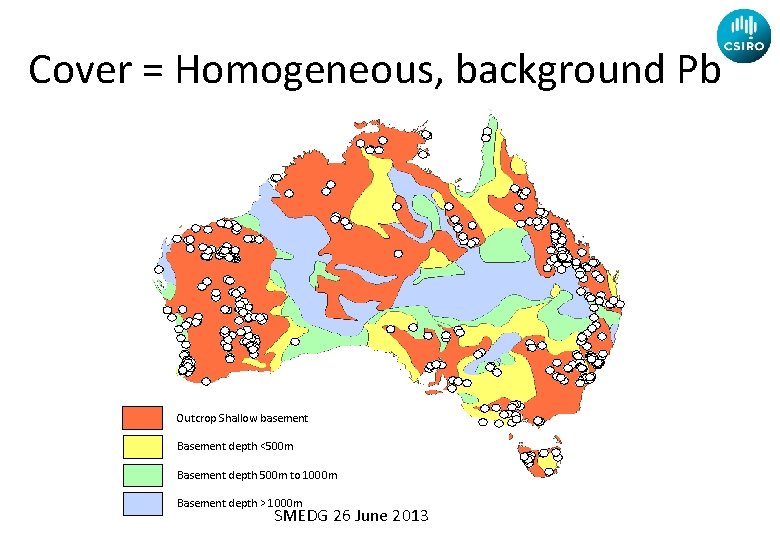 Cover = Homogeneous, background Pb Outcrop Shallow basement Basement depth <500 m Basement depth