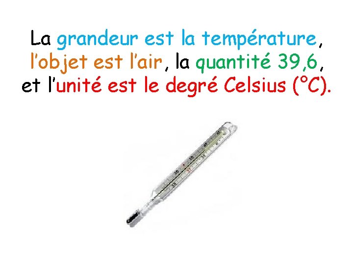 La grandeur est la température, l’objet est l’air, la quantité 39, 6, et l’unité