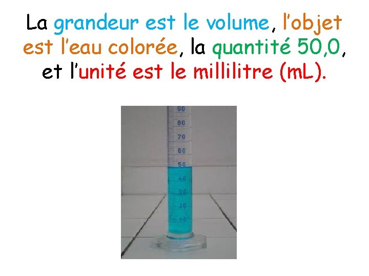 La grandeur est le volume, l’objet est l’eau colorée, la quantité 50, 0, et