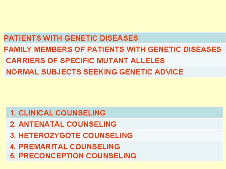 PATIENTS WITH GENETIC DISEASES FAMILY MEMBERS OF PATIENTS WITH GENETIC DISEASES CARRIERS OF SPECIFIC