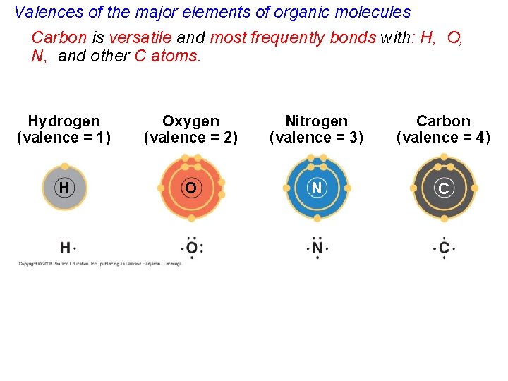 Valences of the major elements of organic molecules Carbon is versatile and most frequently