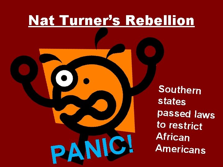 Nat Turner’s Rebellion ! C I N A P Southern states passed laws to