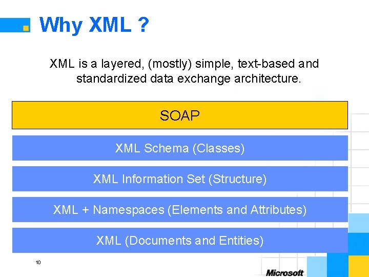 Why XML ? XML is a layered, (mostly) simple, text-based and standardized data exchange