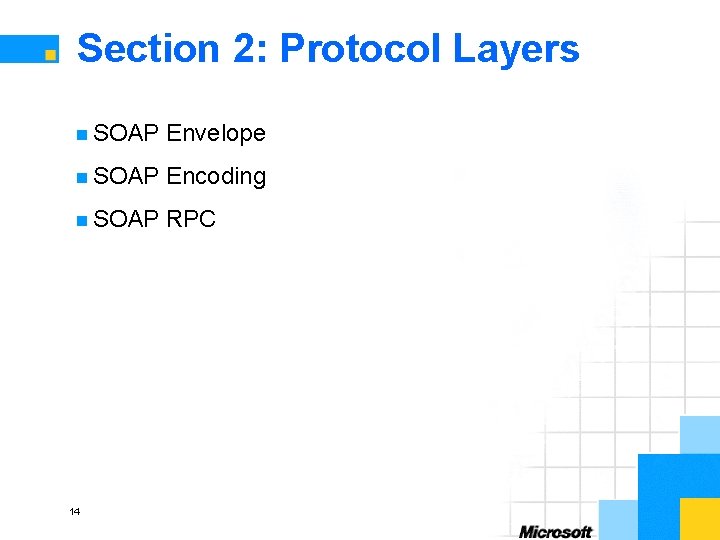Section 2: Protocol Layers n SOAP Envelope n SOAP Encoding n SOAP RPC 14