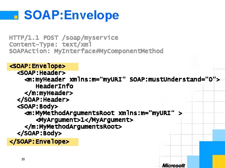 SOAP: Envelope HTTP/1. 1 POST /soap/myservice Content-Type: text/xml SOAPAction: My. Interface#My. Component. Method <SOAP: