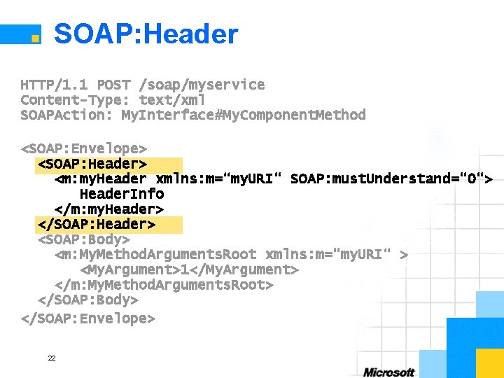 SOAP: Header HTTP/1. 1 POST /soap/myservice Content-Type: text/xml SOAPAction: My. Interface#My. Component. Method <SOAP: