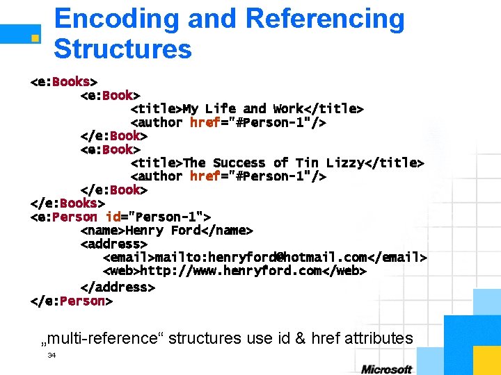 Encoding and Referencing Structures <e: Books> <e: Book> <title>My Life and Work</title> <author href="#Person-1"/>