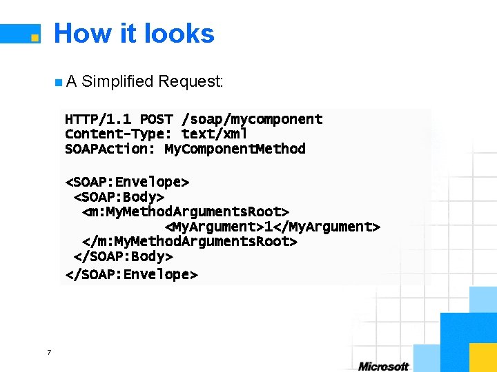 How it looks n. A Simplified Request: HTTP/1. 1 POST /soap/mycomponent Content-Type: text/xml SOAPAction: