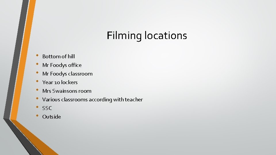 Filming locations • • Bottom of hill Mr Foodys office Mr Foodys classroom Year