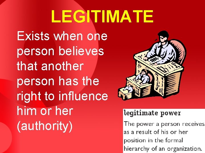LEGITIMATE Exists when one person believes that another person has the right to influence