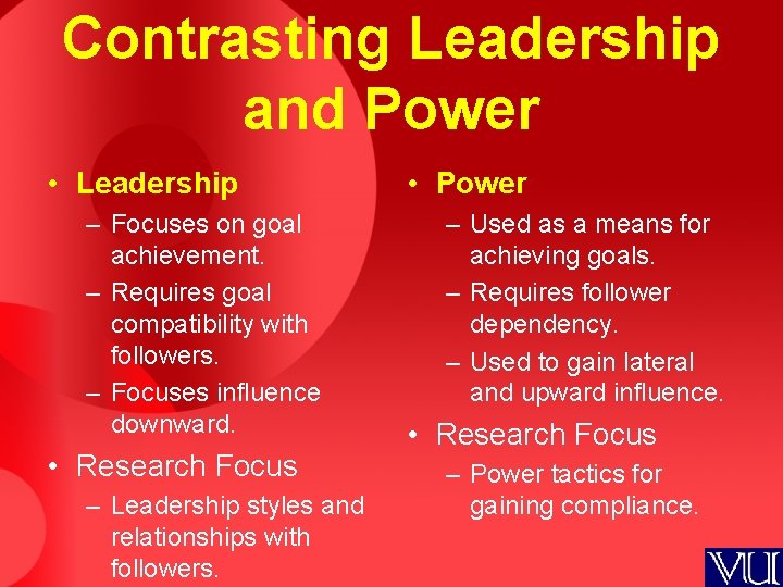 Contrasting Leadership and Power • Leadership – Focuses on goal achievement. – Requires goal