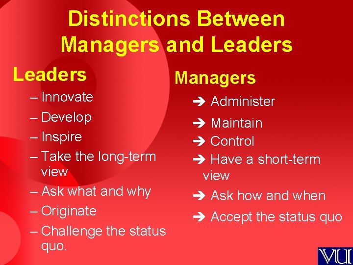 Distinctions Between Managers and Leaders – Innovate – Develop – Inspire – Take the