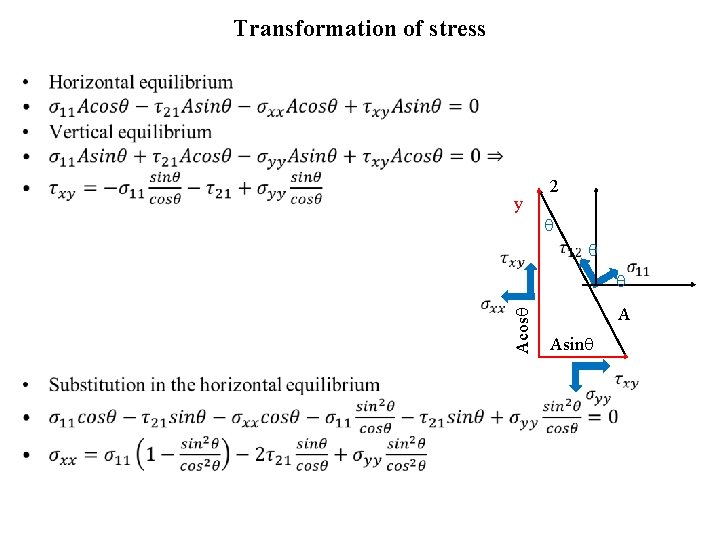 Transformation of stress • y 2 Acos A Asin 