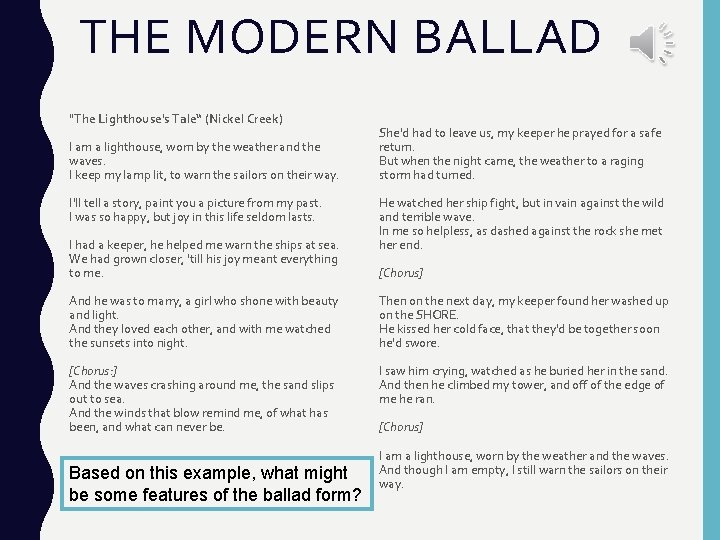 THE MODERN BALLAD "The Lighthouse's Tale“ (Nickel Creek) I am a lighthouse, worn by