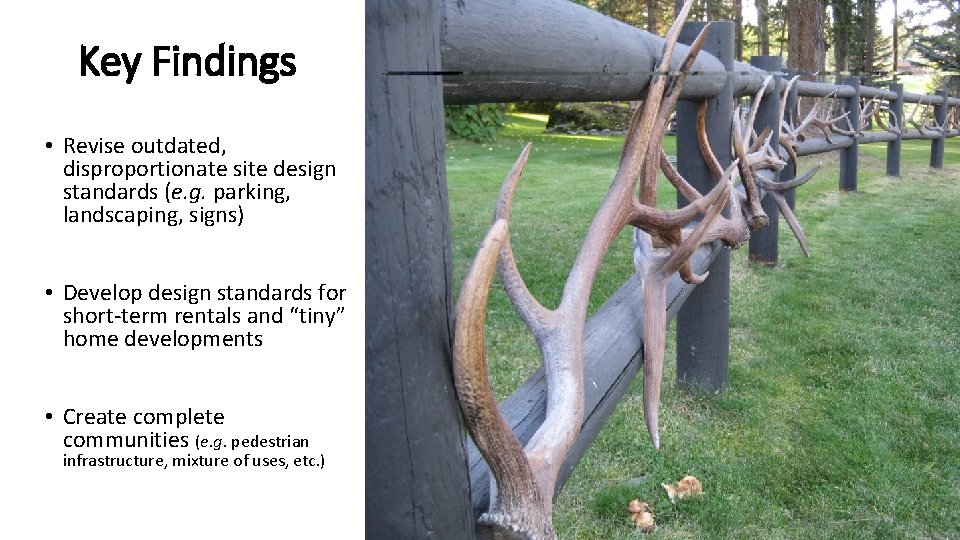 Key Findings • Revise outdated, disproportionate site design standards (e. g. parking, landscaping, signs)