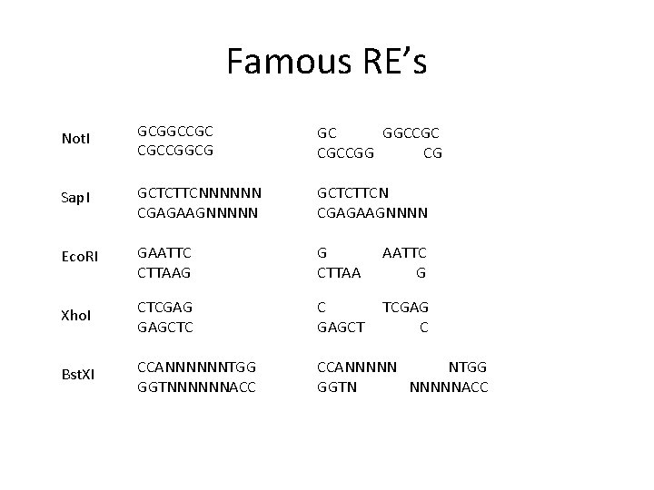 Famous RE’s Not. I GCGGCCGC CGCCGGCG GC GGCCGC CGCCGG CG Sap. I GCTCTTCNNNNNN CGAGAAGNNNNN