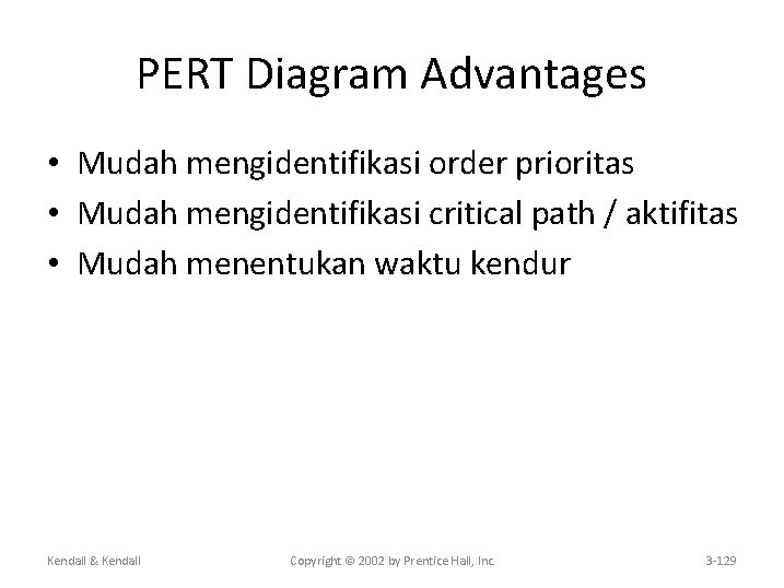 PERT Diagram Advantages • Mudah mengidentifikasi order prioritas • Mudah mengidentifikasi critical path /