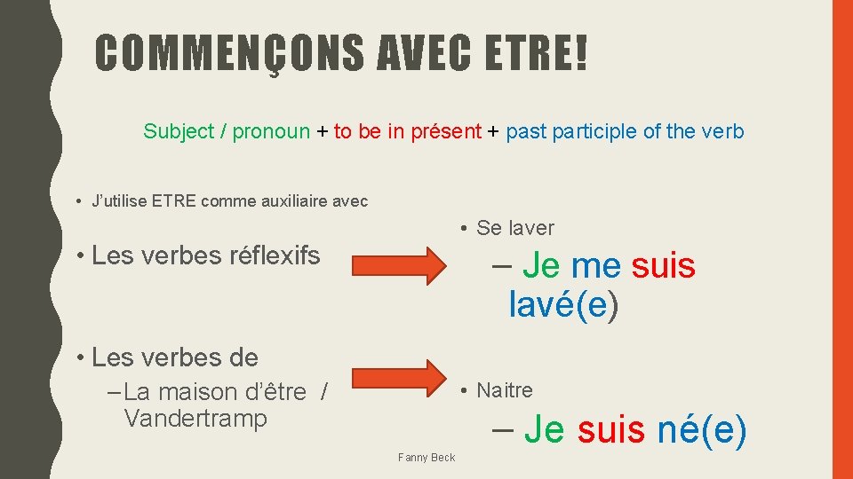 COMMENÇONS AVEC ETRE! Subject / pronoun + to be in présent + past participle