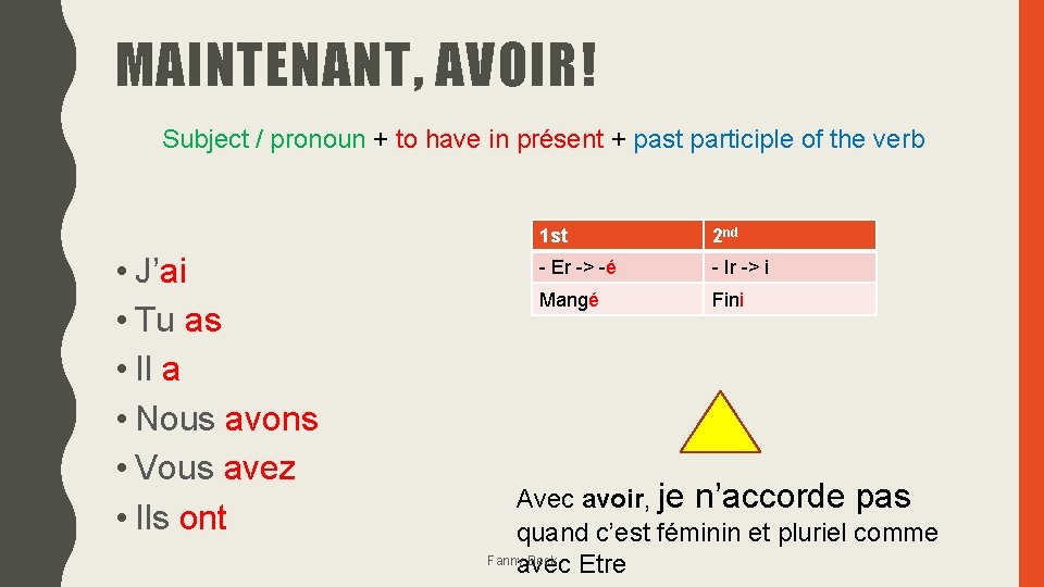 MAINTENANT, AVOIR! Subject / pronoun + to have in présent + past participle of