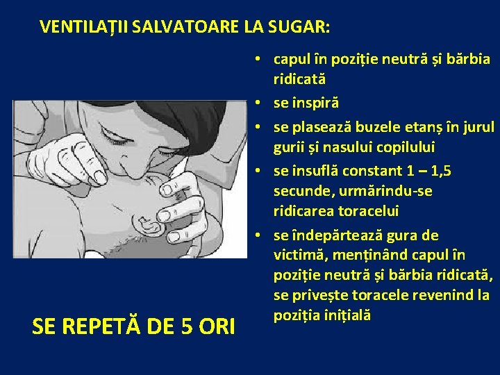 VENTILAȚII SALVATOARE LA SUGAR: SE REPETĂ DE 5 ORI • capul în poziție neutră