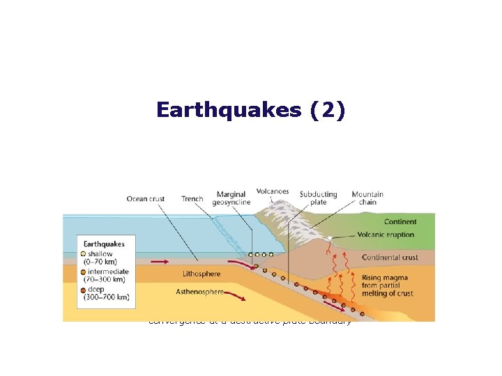 Earthquakes (2) Cross-section across oceanic/continental plate convergence at a destructive plate boundary 