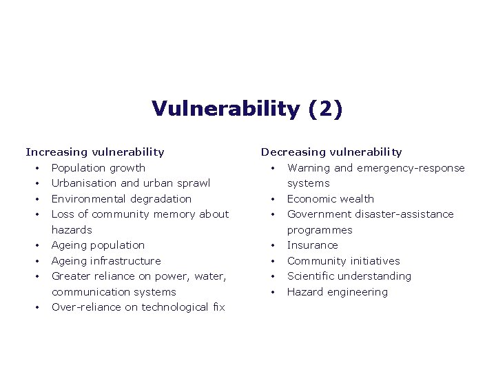 Vulnerability (2) Increasing vulnerability • • Population growth Urbanisation and urban sprawl Environmental degradation