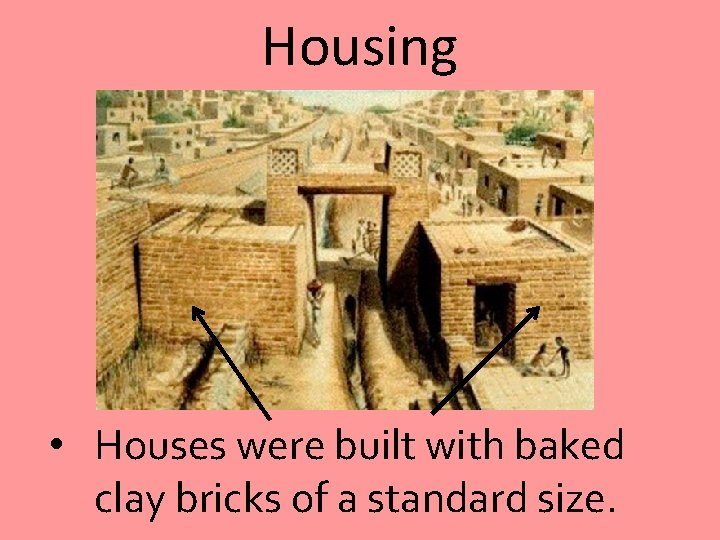 Housing • Houses were built with baked clay bricks of a standard size. 